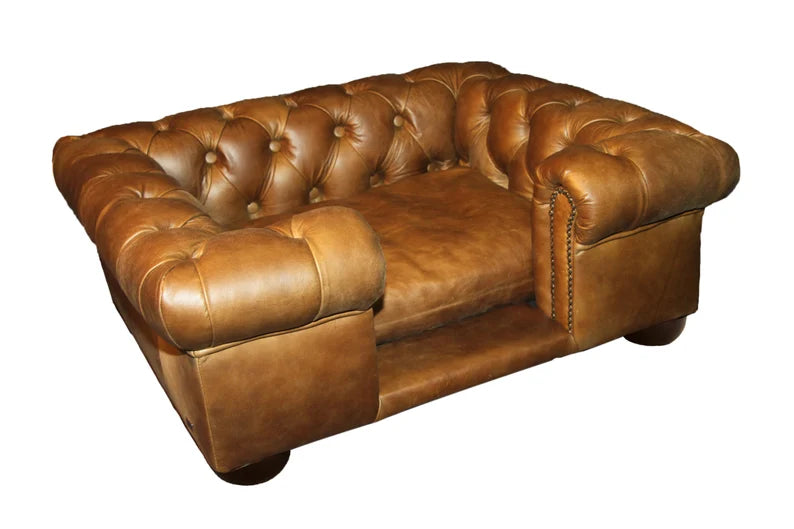 Luxury 'Balmoral' Dog bed - Natural Tan Real leather - Chesterfield style - handcrafted in the UK
