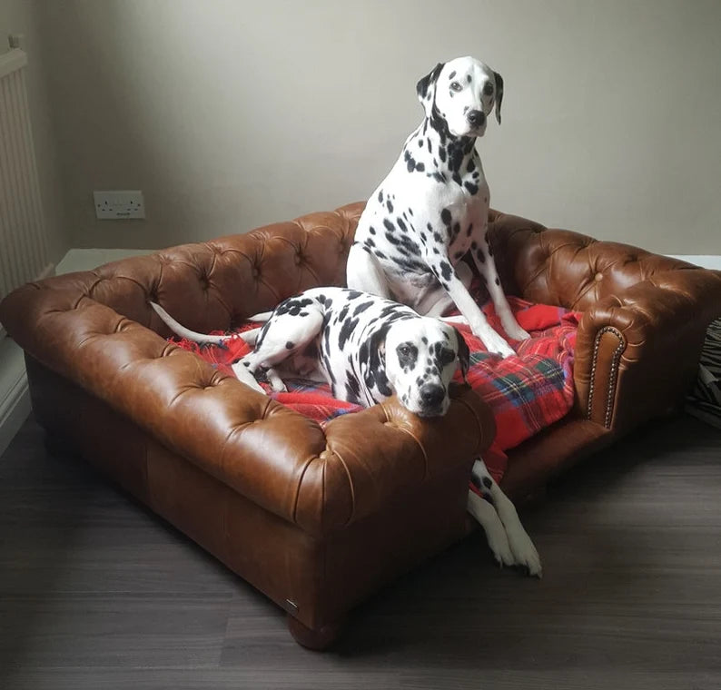Luxury 'Balmoral' Dog bed - Natural Tan Real leather - Chesterfield style - handcrafted in the UK