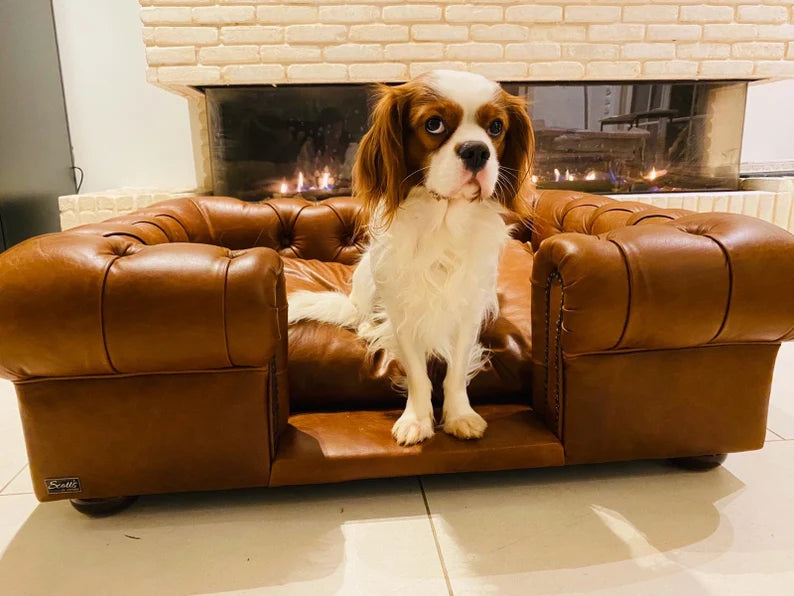 Luxury 'Balmoral' Dog bed - Natural Tan Real leather - Chesterfield style - handcrafted in the UK